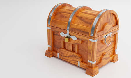 New antique treasure chest, made of teak, reinforced with metal plates and pins, locked with a...
