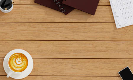 The office desk has items such as keyboards, books, black coffee mugs, and smartphones. The Notebook...