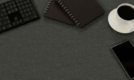 The office desk has items such as keyboards, books, black coffee mugs, and smartphones. The Notebook...