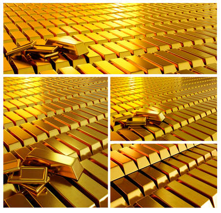 Lots of gold bars are arranged and arranged in a row. Conveys business lines and gold or stock markets and luxury. 3D Rendering.の写真素材