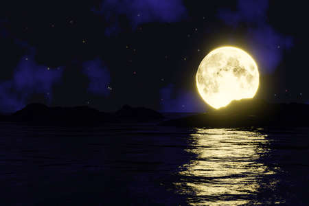The golden yellow full moon is reflected in the sea. The shadow of the island in the ocean The sky has many stars. Ripples on the sea at night.3D Renderingの写真素材