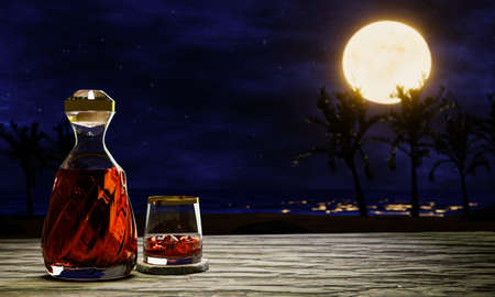 Brandy or whiskey in a luxury glass bottle and in a glass with ice cubes on a wooden surface table. Full moon night with full stars. Reflections on the sea Relaxing and romantic scene 3D Rendering.の写真素材