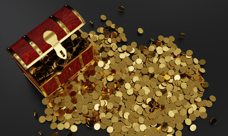 Treasure chest full of gold coins on black background. 3d illustrationの写真素材
