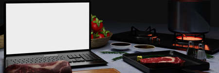 Learn to cook online. How to cook food and recipes from the internet. Meat for cooking steak on the pan. There is butter and pepper. Computer or Laptop for studying online in the kitchen. 3D Renderingの写真素材
