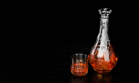 The bottle and glass have an elegant pattern for brandy or whiskey. The glass bottle has a...