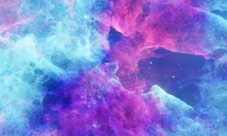 Aerosol clouds, space haze or cosmic rays, pink, pastel blue, space sky with many stars. Travel in...