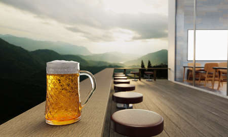 Draft or craft beer in clear glass with beer foam on top Put on set of wooden tables and chairs. Lounge seating on the wooden terrace with mountain background with god light or sunlight.3d renderingの写真素材