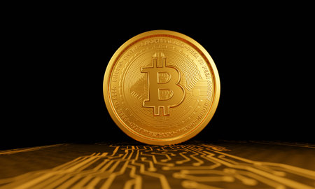 Gold Coin Digital Currency Symbol Bitcoin Cryptocurrency Digital currency exchange business. Online internet. Bitcoin on the surface of the electronic circuit pattern. Black background. 3D Renderingの写真素材