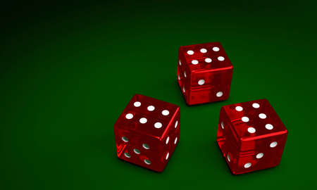 Transparent red dice are falling on the green felt table. The concept of dice gambling in casinos. 3D Renderingの写真素材