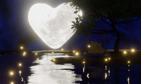Full moon heart shape  night, but only half of the moon can be seen.The reflection of the moon on the river at night. The tree silhouette has the main scene of the moon. Clear sky, starry sky. 3D Renderingの写真素材