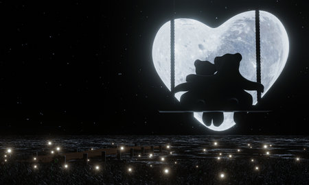 Silhouette Lovers Teddy Bears Hugging Sitting On Swings heart shape Full moon night stars in sky Fireflies fly over the grass and water surface. The romantic of lovers Valentine Theme. 3D Renderingの写真素材