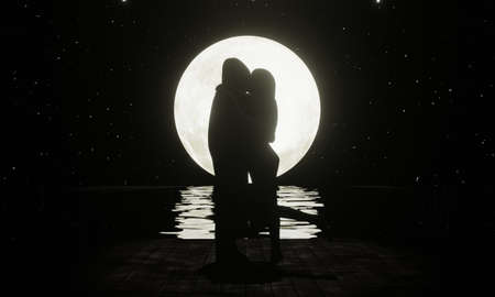 Silhouette Lovers Kissing Romanticly There is a full moon and a star full of the sky as the...