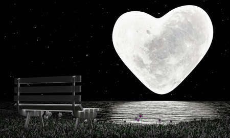 heart-shaped full moon with full stars in the sky. Moon reflected on water's surface. long bench...