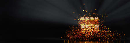 Many golden coins in a golden vintage treasure chest and falling down to the ground used for luck...