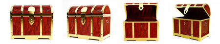 Set of Treasure chest or retro treasure box Made with red painted wood and gold metal. isolated on white floor and background. 3D Rendering.の写真素材
