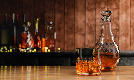 Whiskey or brandy, alcoholic beverages In transparent elegant bottle. Alcohol in clear glass on...
