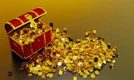 Many distribute gold coins flew from the treasure chest. A treasure chest made of gold, luxurious, expensive. An ancient treasure box opened with gold coins ejected. 3D Rendering.の写真素材