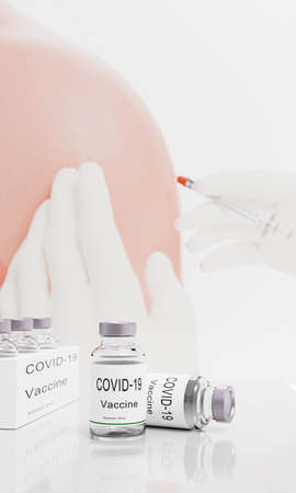 Vaccination vial for protection against Covid-19 or coronavirus. Blur medical worker in white rubber gloves holds Syringe and Vaccine.  Prepare to inject into the shoulder or upper arm. 3D Renderingの写真素材
