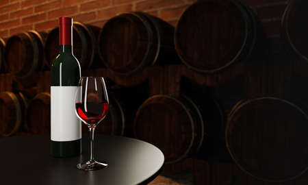 Red wine bottle and clear glass with red wine Put on a wooden table With many wine fermentation...
