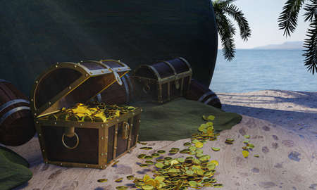 Gold coins are scattered from boxes or treasure chests. wooden treasure chest put on the beach at a...