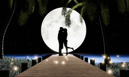 couple silhouette love hugs and kisses romantic On a wooden bridge that juts into the sea. Super...