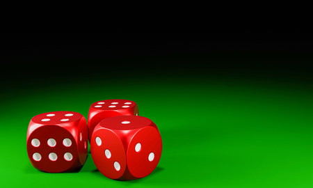 Circle shape red dice are falling on the green felt table. The concept of dice gambling in casinos. 3D Renderingの写真素材