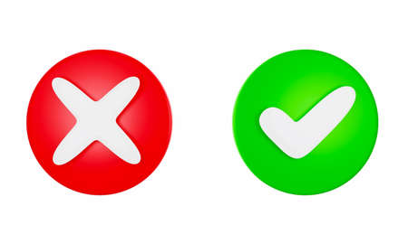 Wrong mark button, red background, white cross. Check mark button, green background, white mark. isolated on a white background. 3d renderingの写真素材