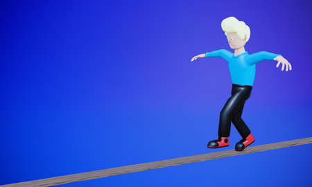 3D Character. Man walking on narrow plank. Take risks. Risk encounter concept. Fun and exciting in business. 3D Renderingの写真素材