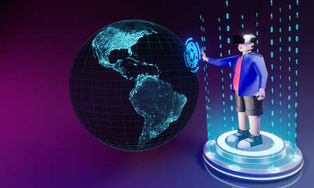 3d chubby male character wearing VR glasses to enter the metaverse or digital virtual world. Virtual...