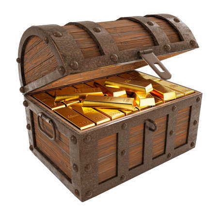 Gold bars or ingot are placed in a treasure chest. The treasure box is made of old rusty metal wood,...