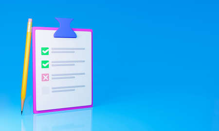 White questionnaire with checklist. White clipboard with a checklist on blue background. golden or yellow pencil. 3D renderingの写真素材