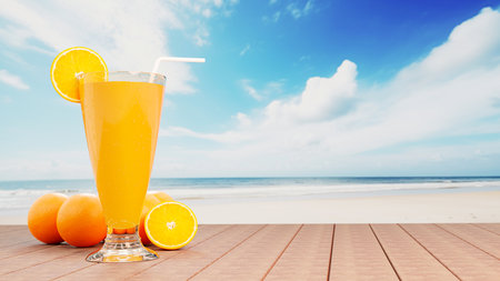 Orange juice in a clear glass with ice cubes and orange juice at the mouth of the glass. Cold drinks placed on the wooden balcony by the sea In the middle of the day. 3D renderingの写真素材