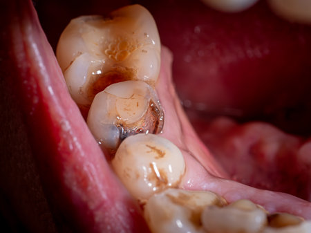 Tooth decay, broken teeth, oral health Poor dental health. Oral health problems. Loose, yellow...