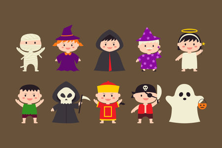 Cute kids in halloween costumes vector illustration. flat designのイラスト素材