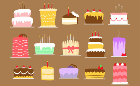 Birthday cake vector icon set. Cakes, muffins, cakes and candles.のイラスト素材