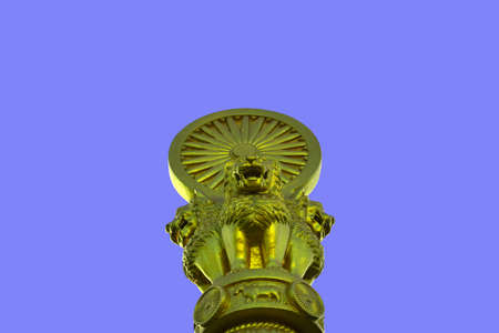 Three lions gold statue on blue sky backgroundの写真素材