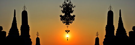 Silhouette of temple or Wat in the thailand with horizantal style and the sunlight and leaf treeの写真素材