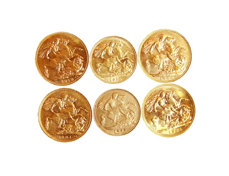 Australia full and half gold sovereign on isolated white backgroundの写真素材