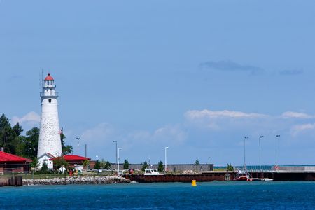 Lighthouse at Port Huron, Michigan as seen from the Canadian side of the mouth of the St. Clair River. Copy space provided.の写真素材