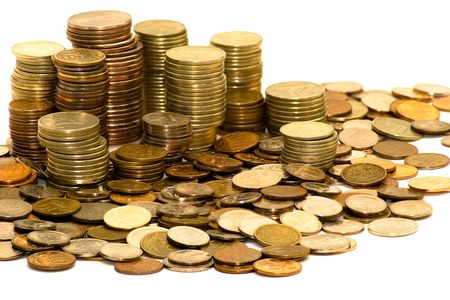 The composition of the coins. All the coins in focus. A large depth of field. Isolated on a white...