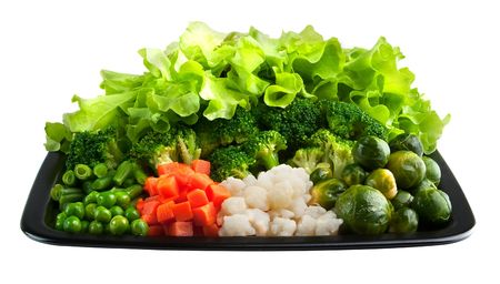 Healthy food: cauliflower, brussels sprouts, broccoli, carrots, string beans  and green peasの写真素材