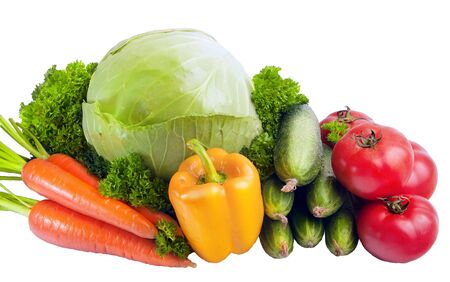 Group of vegetables: cabbage, parsley, carrots, tomatoes, cucumber and paper. Isolated on a white background, light shade.の写真素材