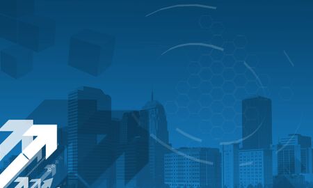 Business background in blue with arrows and urban buildingsの写真素材