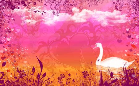 Background for valentine in delicate colors with clouds and a swanの写真素材