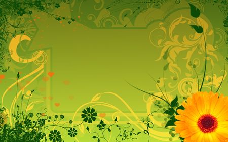 Background for Valentine's Day in green and quiet colors with bright flowers on the edgesの写真素材