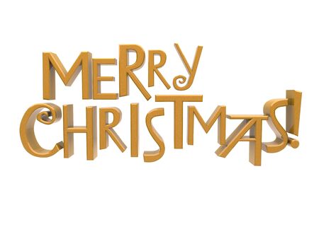 Merry Christmas in  yellow sparkling rendered letters isolated on a white backgroundの写真素材
