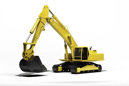 Excavator on a white background, with reflection and shadowの写真素材