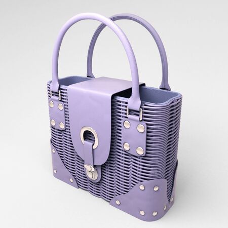 Women's lilac wicker handbag closeup on light backgroundの写真素材