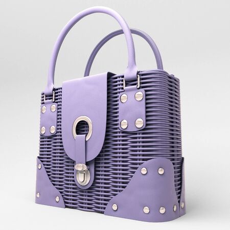 Women's lilac wicker handbag closeup on light backgroundの写真素材