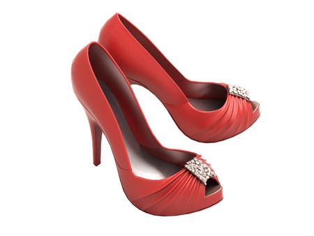 Women's red shoes closeup on a light backgroundの写真素材